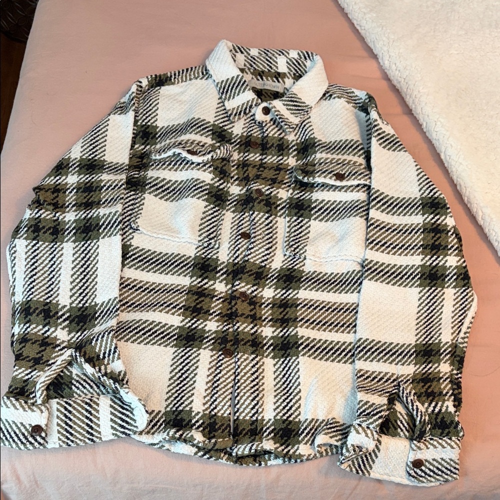 Outerknown Green and White Plaid Casual Button Down Shirt